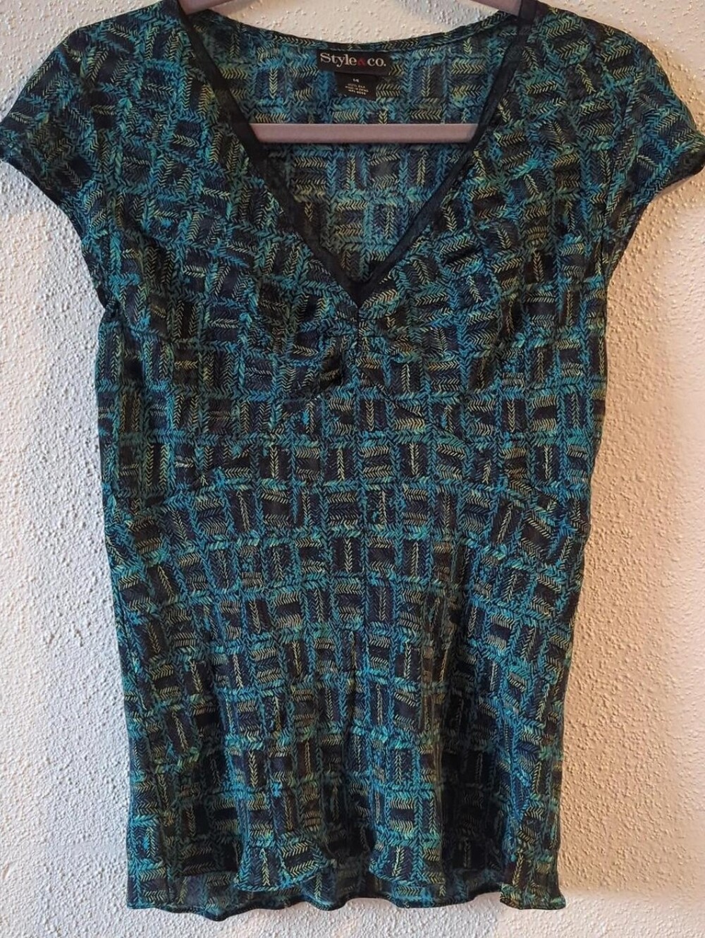 Y2K Silk Style&Co Babydoll Top Teal/Black Size 14